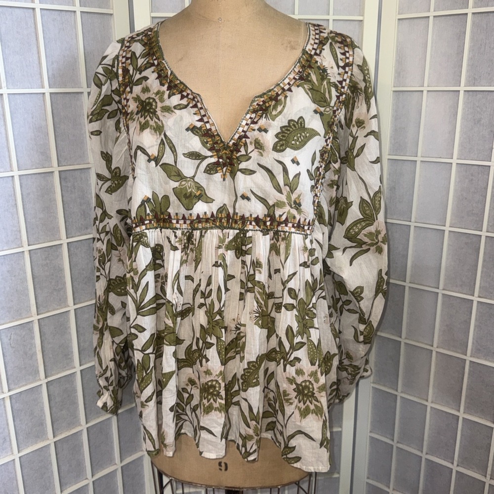 World Market Blouse Embroidered Green Floral 100% Cotton Women's Size L/XL New - Picture 15 of 15